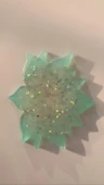 Turkuaz Rengi Lotus Çiçeği Desenli Gümüş Glitter Süslemeli Bardak Altlığı El Yapımı Epoksi Hediyelik - 7