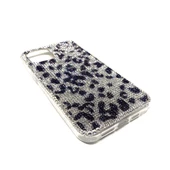 iPhone 12 Uyumlu Kristal Taşlı Şeffaf Telefon Kılıfı Siyah Gümüş Leopar Desen - 1