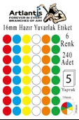 16 mm Renkli Hazır Yuvarlak Etiket 240 lı 1 Paket Mix Color Ofis Etiketleri Kendinden Yapışkanlı Nokta Etiket - 1