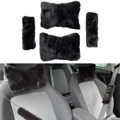 Peluş Ortopedik Araba Seyahat Boyun Yastığı Emniyet Kemer Pedi Seti Siyah - 1