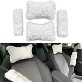 Peluş Ortopedik Araba Seyahat Boyun Yastığı Emniyet Kemer Pedi Seti Beyaz - 1