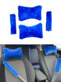 Peluş Ortopedik Araba Seyahat Boyun Yastığı Emniyet Kemer Pedi Seti Mavi - 1