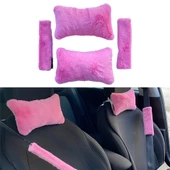 Peluş Ortopedik Araba Seyahat Boyun Yastığı Emniyet Kemer Pedi Seti Şeker Pembe - 1
