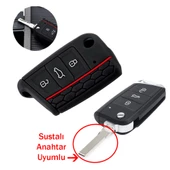 Seat Ibiza Leon Ateca Sustalı Anahtar Uyumlu Silikon Oto Anahtar Kumanda Kabı Siyah Kırmızı - 1