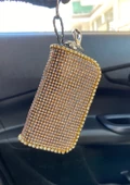 Kristal Taşlı Deri Mini Çantalı Cüzdan Oto Anahtarlık Altın Sarı - 1
