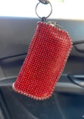 Kristal Taşlı Deri Mini Çantalı Cüzdan Oto Anahtarlık Kırmızı - 1
