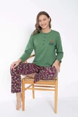 Senfoni Kadın Düğmeli Yaka Uzun Kol Pamuklu Pijama Takımı 6031 -1 Adet  Yeşil S - M thumbnail 6