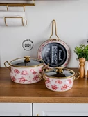 Bonera Lilium 7 Parça Pembe Gül Desenli Emaye Tencere & Tava Seti - 2