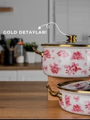 Bonera Lilium 7 Parça Pembe Gül Desenli Emaye Tencere & Tava Seti - 3