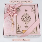 Kuran +  Seccade +  Tesbih Hediye Seti (Hafız Boy, Ekonomik Cilt, Desenli Kutu, Pembe) - 1