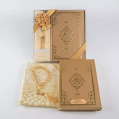 Kuran +  Seccade +  Tesbih Hediye Seti (Hafız Boy, Ekonomik Cilt, Desenli Kutu, Gold) thumbnail 3