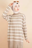 Kendinden Fitilli Yan Çizgili Tunik Kazak Bej - 1
