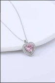 Gümüş Zincirli Zirkon Taşlı Pembe Kalp Paslanmaz Çelik Kolye Aksesuar Şık Hediyelik - 1