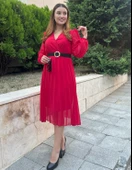 Kadın şifon Kumaş Astalı Kloş Kesim Kruvaze Yaka Midi Boy Elbise - 1