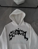 Üç İplik Kapşonlu Baskılı Oversize SweatShirt-  Beyaz - 1