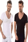 Jiber Erkek Likralı V Yaka Yarım Kol Fanila 6'lı Paket-213  Karışık Renk S - 1