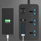 3000W Güç Şeridi Dalgalanma Koruyucusu 3 AC Çıkışları ve 6 USB Şarj Portu  Akım Korumalı Grup Priz - 6