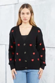 Lugmo Kadın Triko Hırka Kalp Nakışlı Standart Beden Siyah thumbnail 1