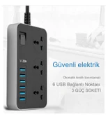 QASUL Kontrol Anahtarlı güç Kaynağı Kartı 3-AC (13A/3000W),  6 USB Şarj Portlu Soket (3.1A/5V) 1.8M Kablo Güç Adaptörü, Ofis Ev - 6