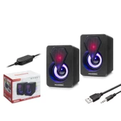 Hadron HD6053 Ledli 1+1 Kanal 2x3W Çıkışlı 3.5mm AUX Ses + USB Güç Beslemeli Bilgisayar Hoparlörü - Siyah - 1