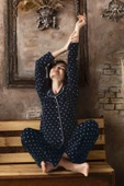 Sude Kadın Gömlek Önden Düğmeli Polar Desenli Pijama Takımı P200/124 - 1 Adet  Lacivert S - 1