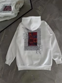 Uzun Kol Kapşonlu Ön Ve Arka Baskılı SweatShirt - Beyaz - 4