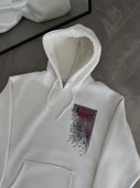 Uzun Kol Kapşonlu Ön Ve Arka Baskılı SweatShirt - Beyaz - 1