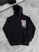 Uzun Kol Kapşonlu Ön Ve Arka Baskılı SweatShirt - Siyah - 1