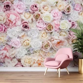 Pembe Beyaz Gül Desenli Duvar Kağıdı - 6