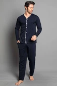 Boydan Düğmeli Uzun Kol Erkek Pijama Takım Lacivert Bordo - 2