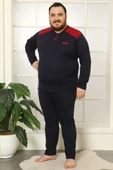 Düğmeli Uzun Kol Büyük Beden Erkek Pijama Takım Lacivert Yeşil - 1