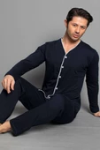 Boydan Düğmeli Uzun Kol Erkek Pijama Takım Lacivert Bordo - 1