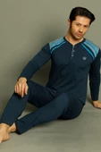 Düğmeli Armalı Erkek Pijama Takımı İndigo - 2