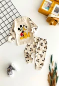 Neşeli Bebekler Baby Mickey ve Pluto Baskılı Pijama Takım Bej - 1