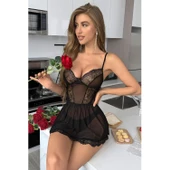 Lucky Life Kadın Siyah Dantel Detaylı Transparan Gecelik - 1