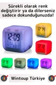 Premium Dekoratif Küp Termometre Takvimli 7 Renk Değiştiren Dijital Alarmlı Küp Masa Çalar Saat thumbnail 2