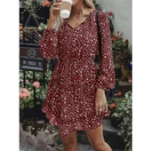 Lucky Life Kadın Uzun Kollu V Yaka Bağcıklı Belden Gipeli çiçek Baskılı Kısa Süprem Elbise thumbnail 1