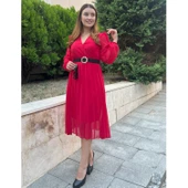 Lucky Life Kadın şifon Kumaş Astalı Kloş Kesim Kruvaze Yaka Midi Boy Elbise - 2