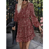 Lucky Life Kadın Uzun Kollu V Yaka Bağcıklı Belden Gipeli çiçek Baskılı Kısa Süprem Elbise thumbnail 2