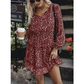 Lucky Life Kadın Uzun Kollu V Yaka Bağcıklı Belden Gipeli çiçek Baskılı Kısa Süprem Elbise thumbnail 4