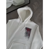 Uzun Kol Kapşonlu Ön Ve Arka Baskılı SweatShirt - Beyaz - 2