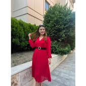 Lucky Life Kadın şifon Kumaş Astalı Kloş Kesim Kruvaze Yaka Midi Boy Elbise - 3