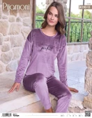 Pijamoni Kadın Kışlık Bisiklet Yaka Likralı Soft Kadife Pijama Takımı 4200/13 - 1 Adet  2XL Lila - 2