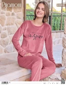 Pijamoni Kadın Kışlık Bisiklet Yaka Likralı Kadife Pijama Takımı 4200/10 - 1 Adet  S - M Gül Kurusu - 2