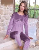 Pijamoni Kadın Kışlık Bisiklet Yaka Likralı Soft Kadife Pijama Takımı 4200/13 - 1 Adet  2XL Lila - 1