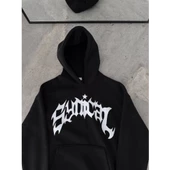 Üç İplik Kapşonlu Baskılı Oversize SweatShirt- Siyah - 1