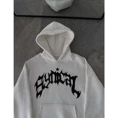 Üç İplik Kapşonlu Baskılı Oversize SweatShirt- Beyaz - 2