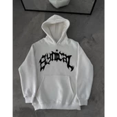 Üç İplik Kapşonlu Baskılı Oversize SweatShirt-  Beyaz - 1