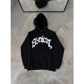 Üç İplik Kapşonlu Baskılı Oversize SweatShirt- Siyah - 2