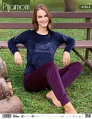 Pijamoni Kadın Kışlık Bisiklet Yaka Likralı Kadife Pijama Takımı 4210/3- 1 Adet  Lacivert S - M - 2